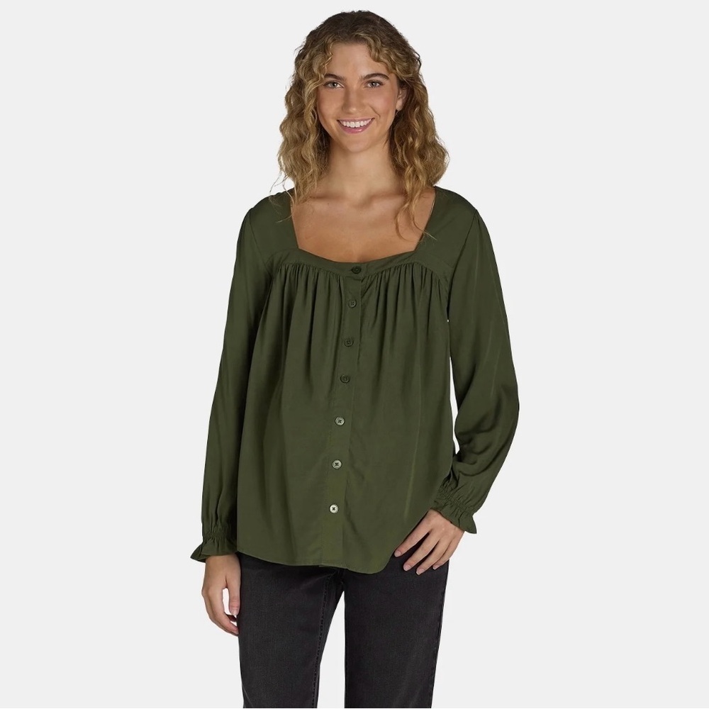 Time and Tru Olive Green Square-Neck Button-Front Blouse Size Small